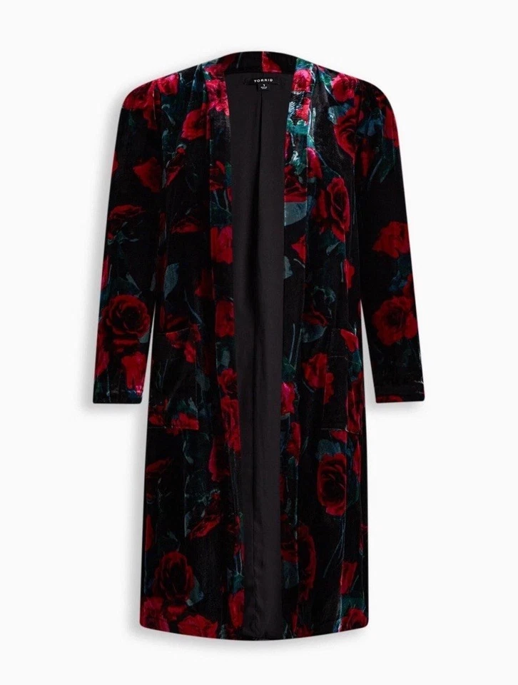 Torrid Velvet Duster Floral Rose Kimono Black Size 1 Dark Glam Velour - Image 1 of 4