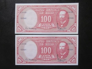 1960-61 CHILE 100 PESOS=10 centesimos p-127a Banknotes Lot of 2 Consecutive # - Picture 1 of 2