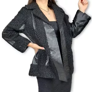 Projansky NY Black Pea Coat Persian Lamb Skin Leather Sherpa jacket 50s Vintage - Foto 1 di 17
