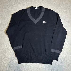 Moncler V-Neck Black/Gray 100% Virgin Wool Knit Pullover Sweater Size L READ - Picture 1 of 9