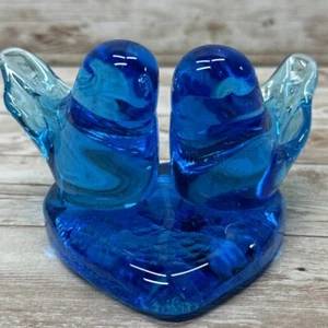 Vtg Blown Glass Blue Birds of Happiness 2 Birds on Heart Signed Leo Ward 1986 - Picture 1 of 10