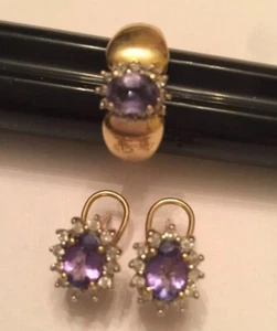 14k Yellow Gold Oval Tanzanite and Diamond Omega Clip Earrings & Wide Band Ring - Picture 1 of 5
