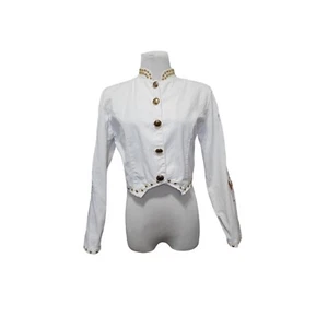 Vtg Women's Size L White Denim Military Jacket Cropped Studs Embroidered Western - Picture 1 of 7