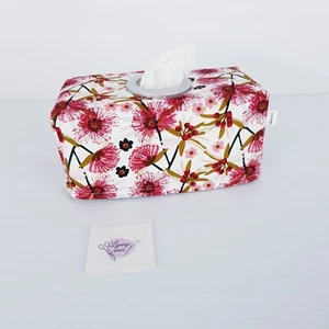 Tissue Box Cover Handmade Pink Red Floral Print Silver Circle Opening - Picture 1 of 11