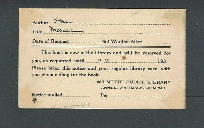 Ca 1933 Wilmette NE Public Library Notice Of Book ArrivAl Used Unposted - Image 1 of 1