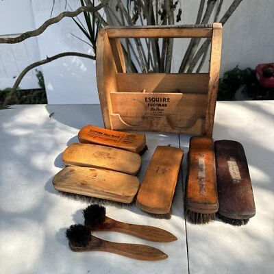 Vintage ESQUIRE Footman Deluxe Shoe Shine Box W/8 Brushes Some Are Horse Hair - Image 1 of 4