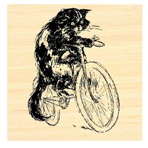 Cat on bicycle rubber stamp vintage style WM 2x2.25" P37 - Picture 1 of 2