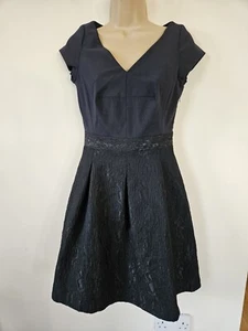REISS UMA Black SHIFT DRESS UK 8 Short Sleeve Polka Dot Spots Textured Woodgrain - Picture 1 of 21