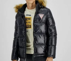 $250 Guess Men's Black Faux Fur Hood Puffer Jacket Coat Size Small - Picture 1 of 4