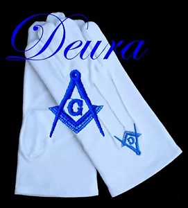 Masonic EMBROIDERED White 100% Cotton Gloves Blue G Square & Compass Size XL - Picture 1 of 1