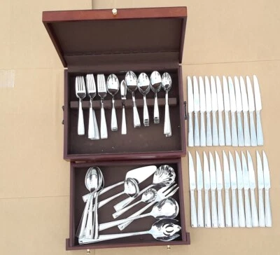 Reed & Barton Stainless Flatware 12 Place Setting Plus Serving pieces. Chest Box - Image 1 of 4