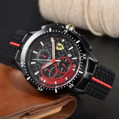 NUEVO Reloj Hombre Fórmula 1 Scuderia Ferrari 42mm Lujo Cronógrafo Rojo Silicona