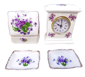 RELOJ DE TOCADOR DE PORCELANA DE COLECCIÓN Y CAJA DE BARATIJAS DE TOCADOR CON 2 BANDEJAS Y VIOLETAS - Imagen 1 de 6