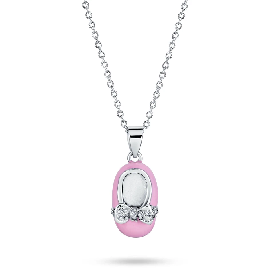 Charm Baby Shoe Pendant Necklace for New Mothers with Pink Enamel Bow CZ Accent - Image 1 of 4