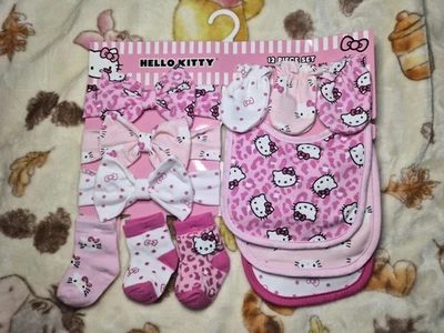12-Set Hello Kitty Pink Leopard Mittens,Bibs,Socks,Headband bows - New - Image 1 of 4