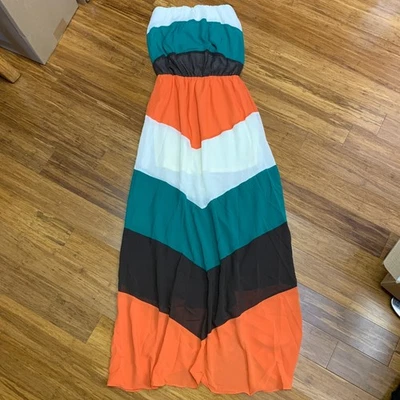 Miss Avenue Strapless Maxi Dress Women Size Small Chevron Print Orange Green NWT - Image 1 of 4