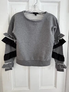 J Crew Womens Sz XXS Long Ruffle Sleeve Pullover Crop Sweatshirt Gray Black - Picture 1 of 7