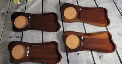 Vtg Mid Century CI Hand Carved Hardwood (Teak) Snack Trays 4 Cork Coasters Japan - Image 1 of 4