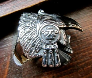 Skull-Face Aztec Warrior Stainless Steel Pre-Columbian Meso-American Silver Ring - Picture 1 of 7