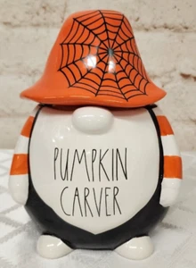 Rae Dunn PUMPKIN CARVER Ceramic Halloween Gnome Canister  Cookie Jar - Picture 1 of 9