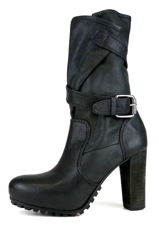 Vera Wang Lavender Pull On Mid Calf Buckle Leather Boot black Sz 7M Z9615 * - Image 1 of 4