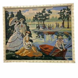 Victorian People Park Rowboat Scene Paint By Number PBN Vintage 21”x 17” Framed - Picture 1 of 17