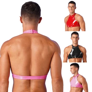 Men's Patent Leather Crop Tops Backless T-shirt Halter Neck Undershirts Clubwear - Picture 1 of 46