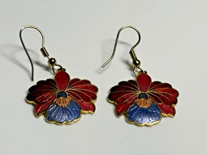 Vintage Earrings Dangle Drop Orchid Cloisonné Enamel Gold Tone Metal - Picture 1 of 6