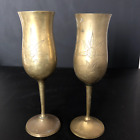 Brass Champagne Goblets Pair Vintage India Hand Engraved Flowers Vases