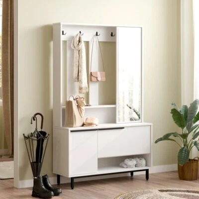 Mobile Ingresso Con Scarpiera Appendiabiti E Specchio Orientabile Ocean Bianco - Immagine 1 di 4
