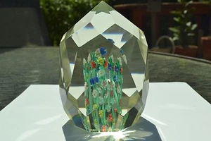 Vintage 1950's Murano Clear Faceted Paperweight w Millefiori on Green Stems M117 - Picture 1 of 6