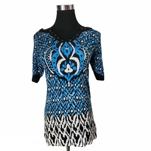 BELLDINI Blue Black White Print Stretch Viscose Beaded Sweater Dress Tunic M - Picture 1 of 5