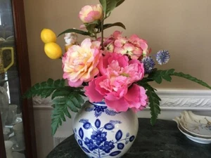 Decorative Blue and White Asian Floral Planter With A Multicolored Floral Patter - Picture 1 of 7