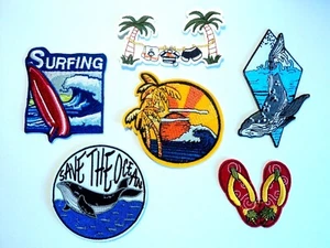 Sun Sea Surfing Patches Embroidered Cloth Badge Applique Iron Sew On Whale - Picture 1 of 10