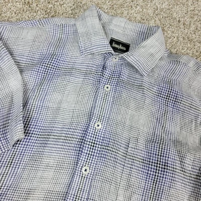 Neiman Marcus Mens Large Multicolor Plaid Button Up Short Sleeve 100% Linen - Image 1 of 4