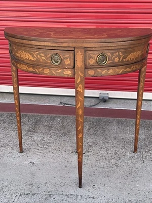 Antigua mesa de juego consola Demilune abatible con incrustación de marquetería holandesa Foto 1 de 4