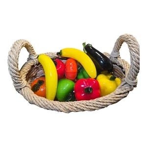 Vtg Art Glass Fruit Orange Apple Banana Peppers Blown Glass Lot 11 Pcs + Basket - Picture 1 of 24