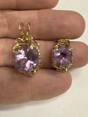 Anillo y colgante envuelto en alambre G.F. de piedras preciosas de amatista hecho a mano usado talla 6 Foto 1 de 4