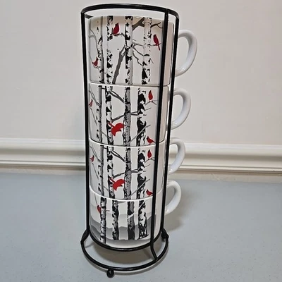 White River Cardinal on Birch Stackable Coffee Mugs Set of 4 With Rack Rustic - Image 1 of 4