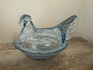 Fenton Art Glass Hen On Nest Covered Dish Icy Blue Farm Country Chickens 8” Oval - Picture 1 of 20