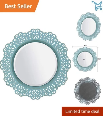 Round Blue Metal Lace Wall Mirror with Brass Highlights Rustic Country Decor - Image 1 of 4