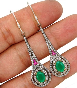 Ottoman Empire Style 10CT Treated Emerald 925 Sterling Silver Earrings S3-8 - Picture 1 of 2