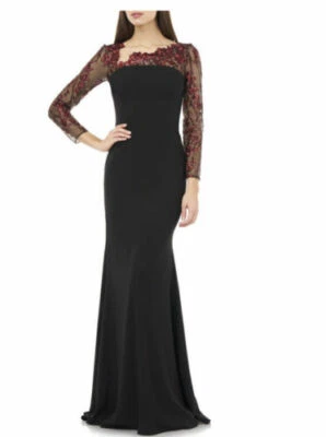 CARMEN MARC VALVO INFUSION Embroidered Long Sleeve Crepe Gown SZ 8 NEW $468.00 - Imagem 1 de 4