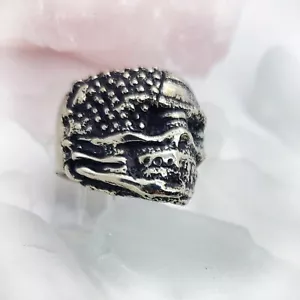 USA Flag Skull Sterling Silver Ring - Picture 1 of 6