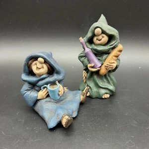 Set Of 2 Friar Folk Figurines 1996 Maureen Monk Religious Wine Tea Baguette Cute - Picture 1 of 6