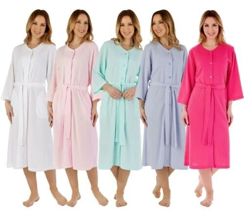 Slenderella Bottoni Waffle Vestaglia 114cm con Cintura Morbido Pied De Poule - Immagine 1 di 1