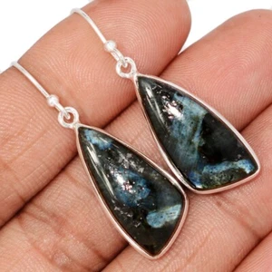 Natural Larvikite Stone (Black Moonstone), Norway 925 Silver Earrings CE49398 - Picture 1 of 1