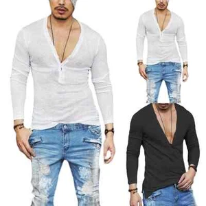 Mode neu Herren Slim Fit Hemden tiefer V-Ausschnitt Langarm Freizeit T-Shirt Tee - Bild 1 von 5