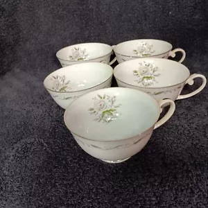 Juego de 5 tazas de té vintage de diamantes románticos China rosa blanca con borde plateado NB - Imagen 1 de 10
