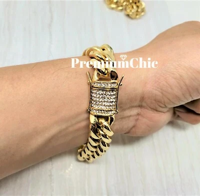 Мужской кубинский браслет из звеньев Miami позолота 14 карат или 18 карат нержавеющая сталь хип-хоп - Изображение 1 из 4